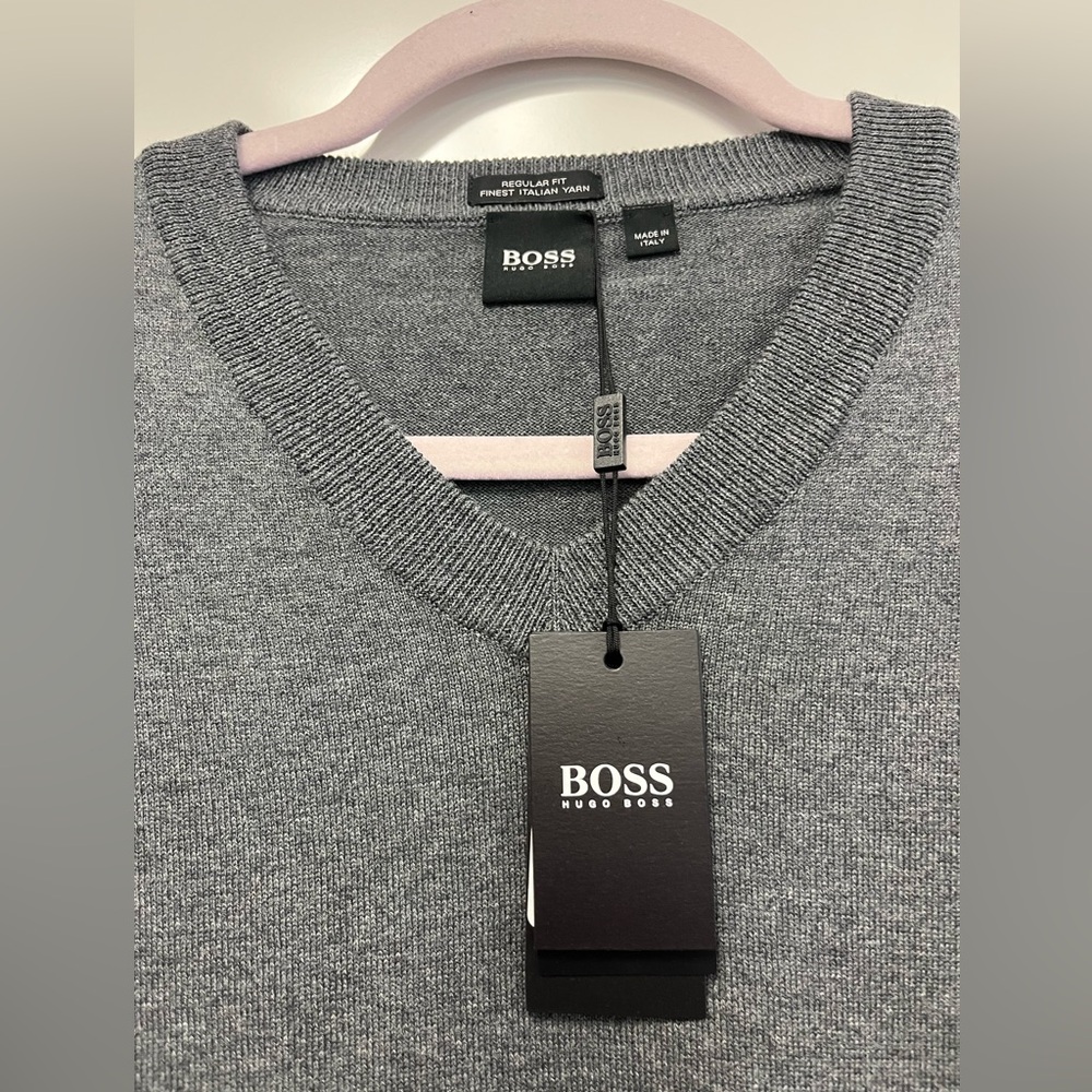 Hugo Boss‎ Gray 3 Tone Cotton V-Neck Sweater Sz. L NWT - Picture 6 of 10